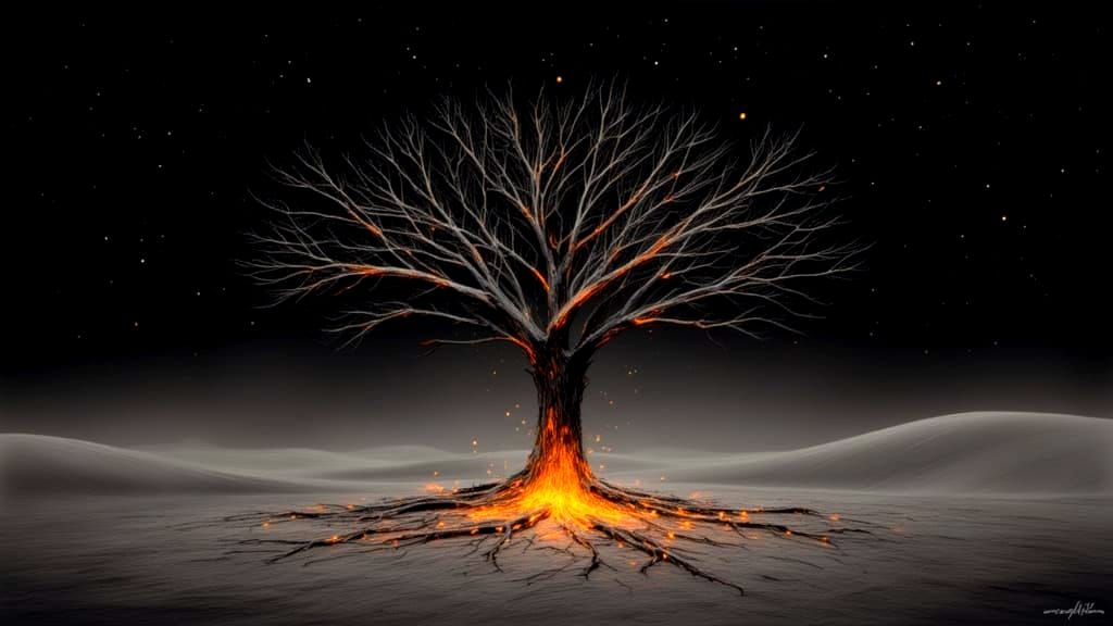 Mystical Glowing Tree in Starry Desert Landscape