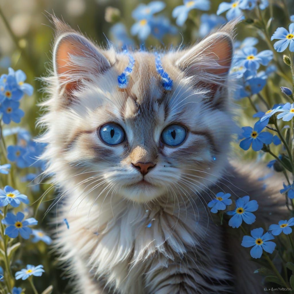 Charming Striped Kitten Surrounded by Forget-Me-Nots