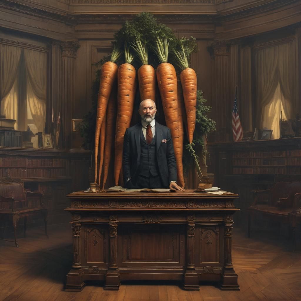 Giant Carrot Behind Resolute Desk: Dystopian Academic Art