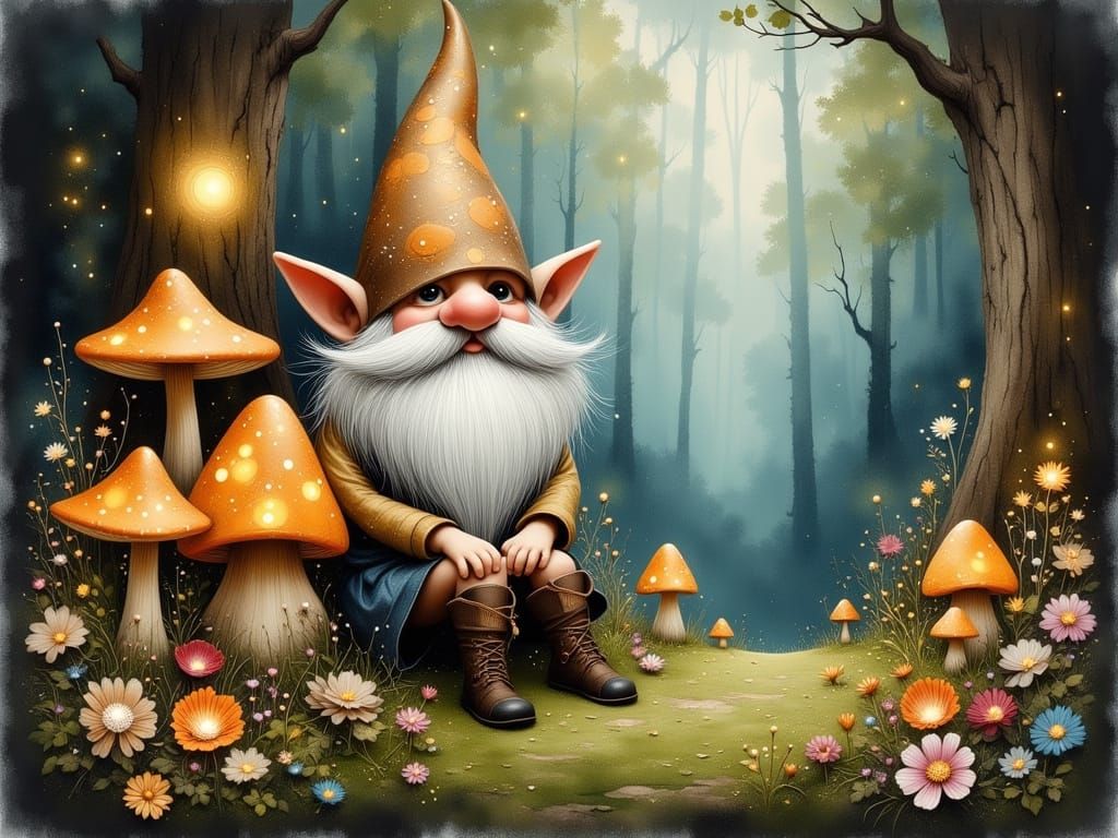 Whimsical Nordic Gnome Seated on Glowing Mushroom Forest Flo...