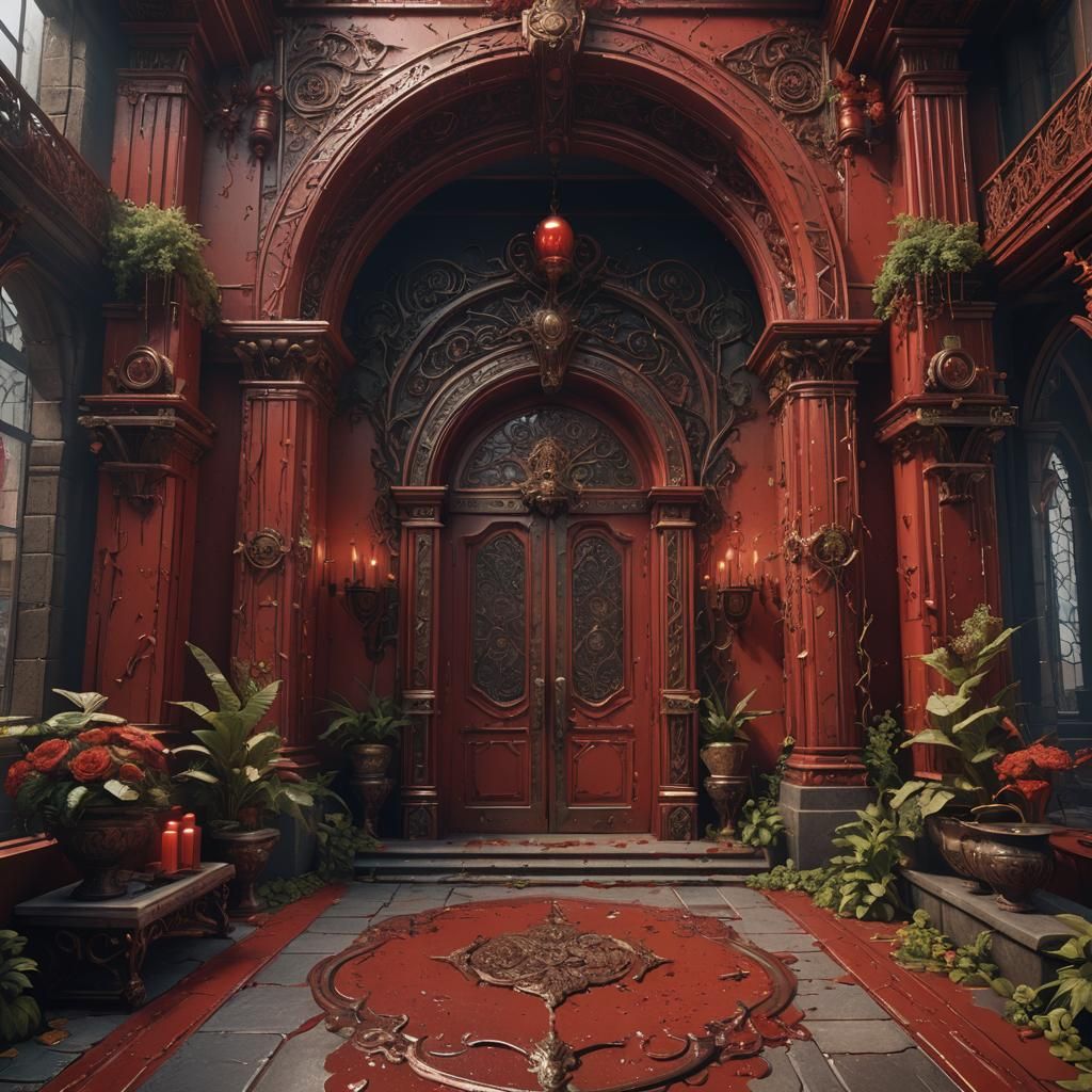 Fantastical Red Entryway in Detailed Matte Painting