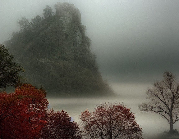 Misty Castle Ruin in Whimsical Morning Light