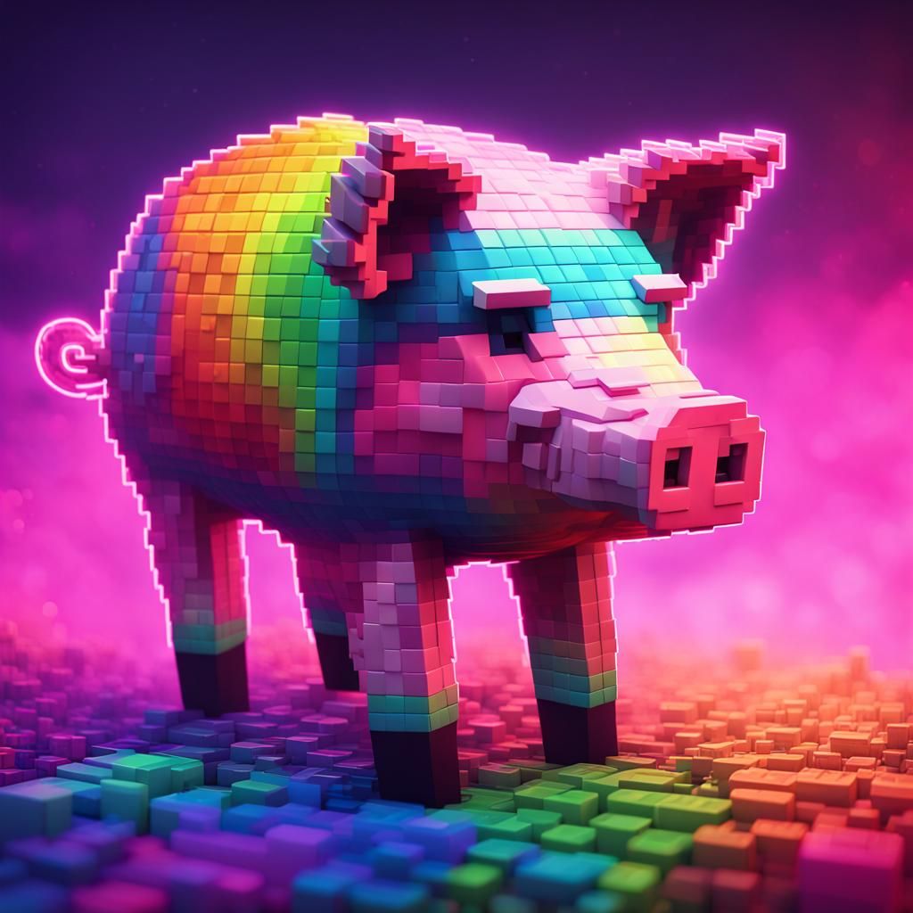 rainbow Minecraft pig super cute super detailed high resolut...