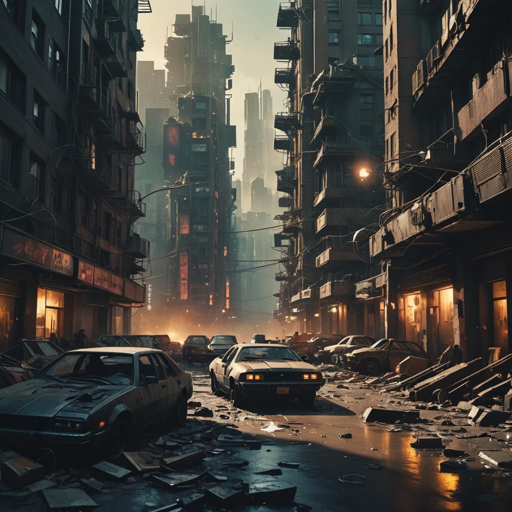 Dystopian Cityscape in Cinematic Film Still