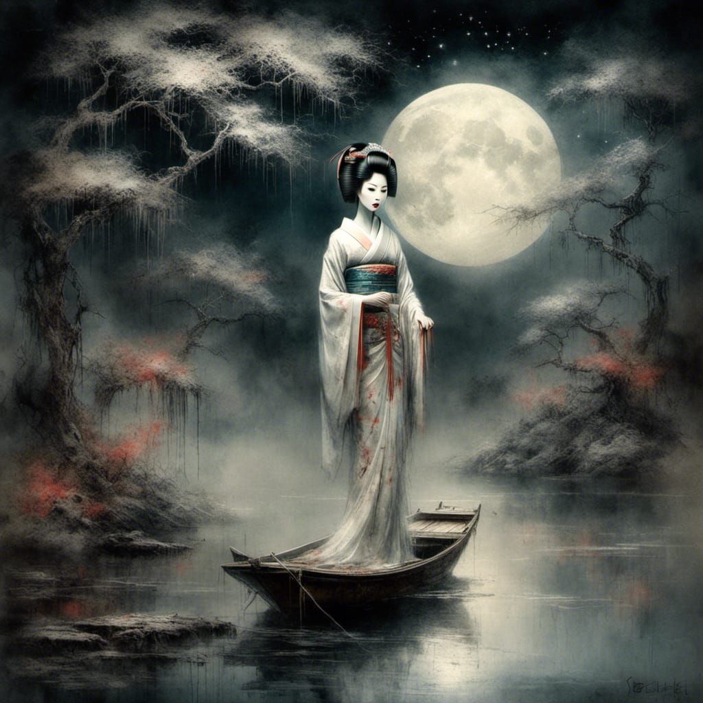 Geisha on Floating Island in Impressionistic Style