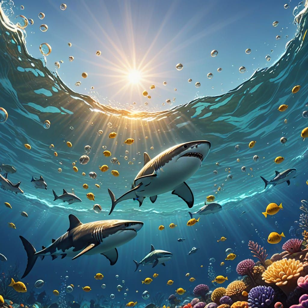 Diver and Great White Shark Friends: Pixar Style