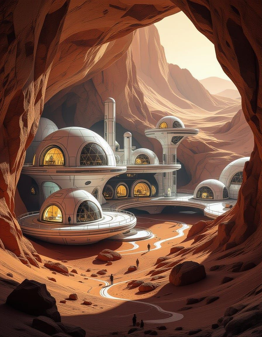 Underground Martian Colony with Bioluminescent Glow