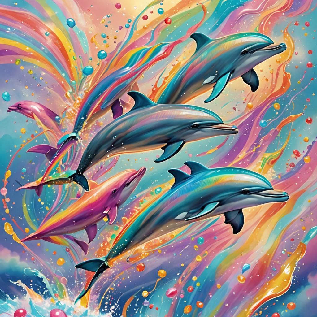 Rainbow Dolphins in Flight: Whimsical Digital Art
