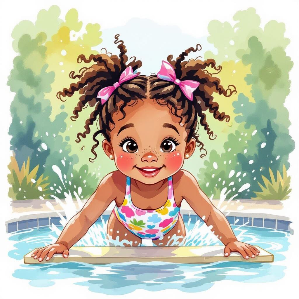 Black Girl's Joyful Dive: Expressive Watercolor Illustration