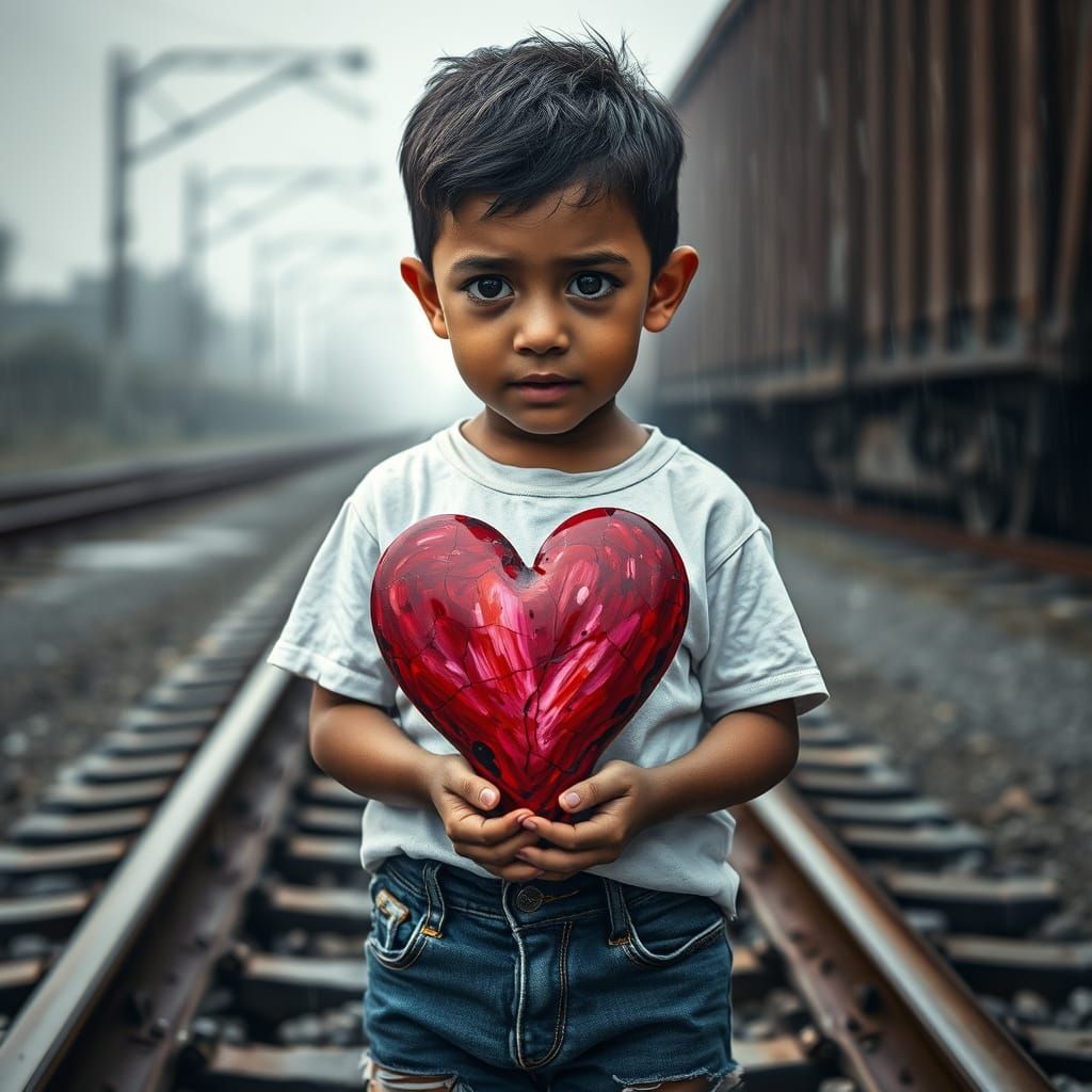 Young Mexican Boy Holds a Cracked Valentine's Heart