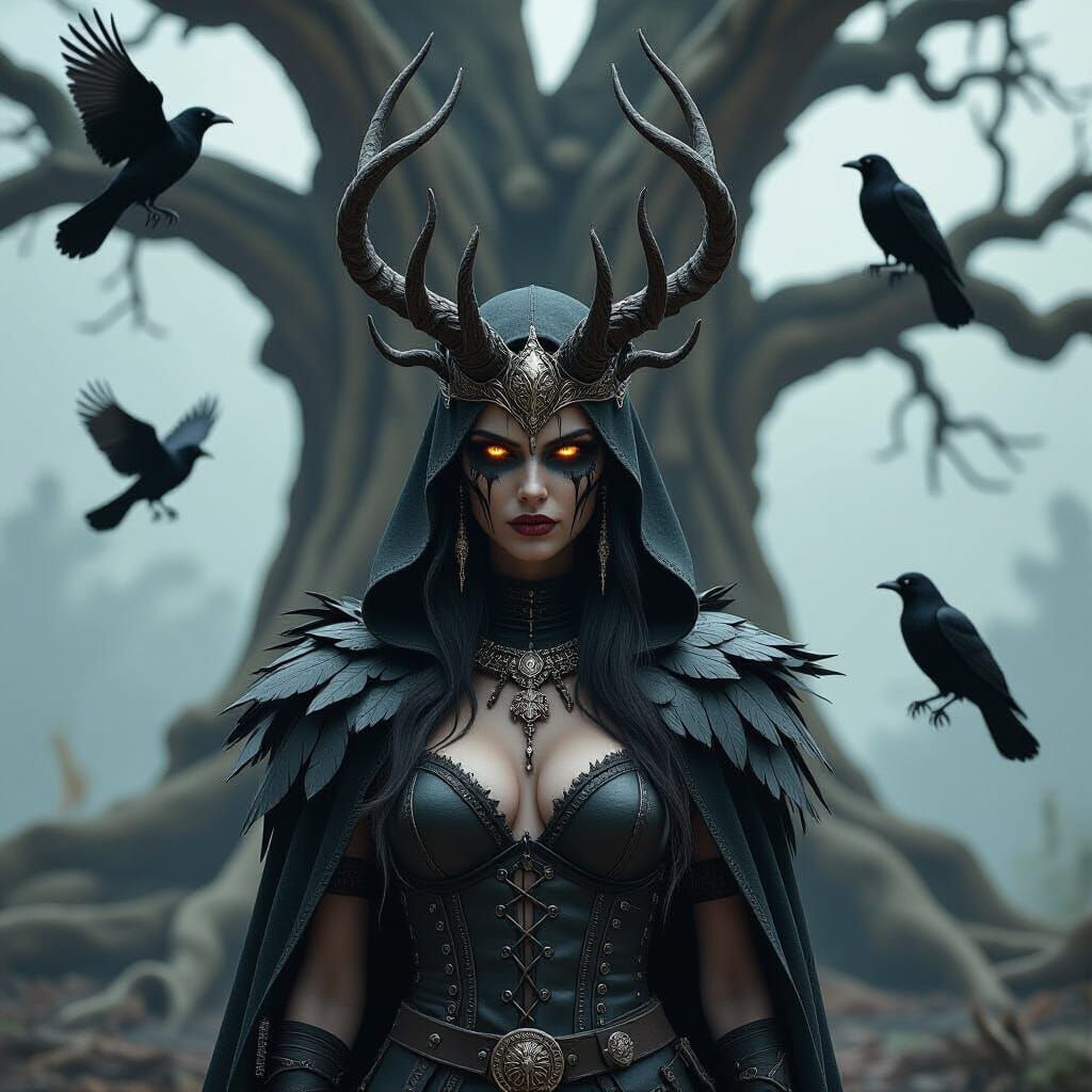 Horned Queen Before Ancient Tree in Dark Style