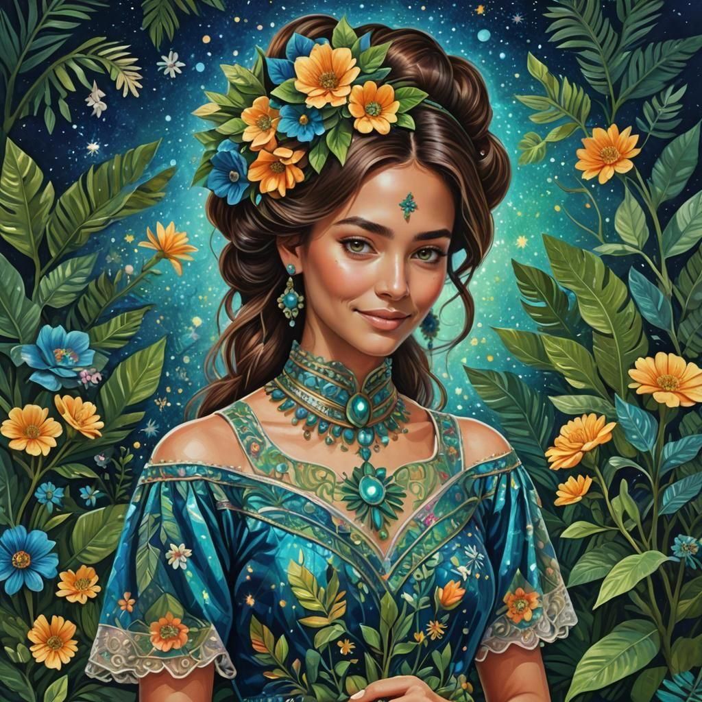 Mexican Woman in Exotic Garden, Cosmic Illustration