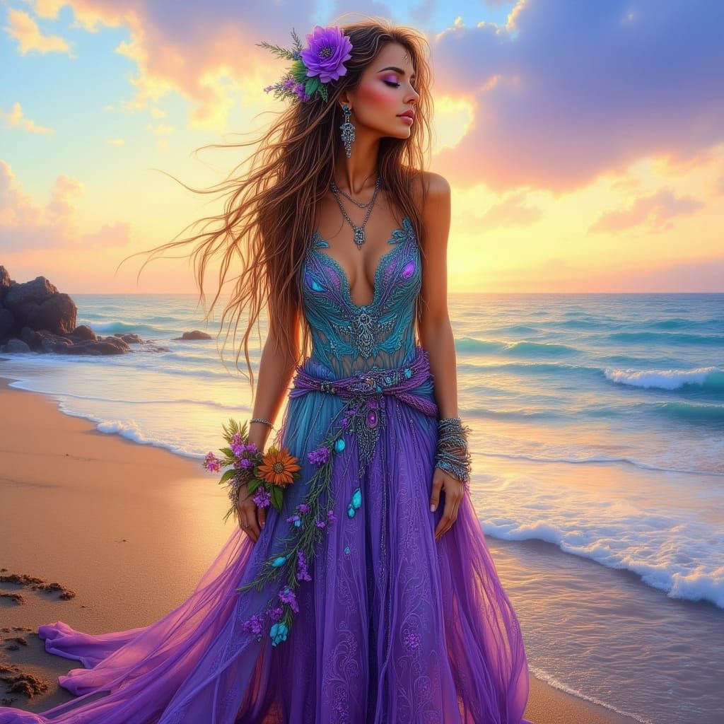 Native American Woman in Bohemian Dress at Sunset Beach