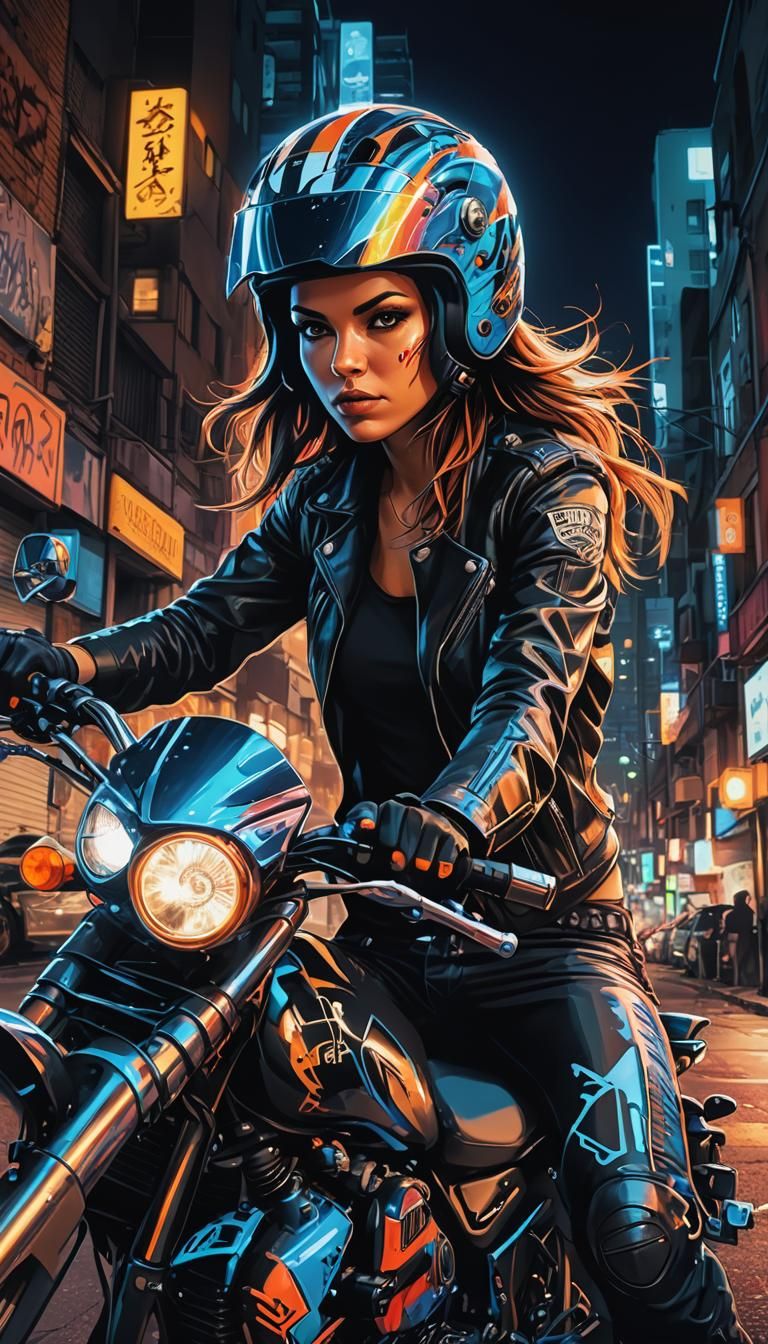 Biker Girl in Neon Graffiti Street Art