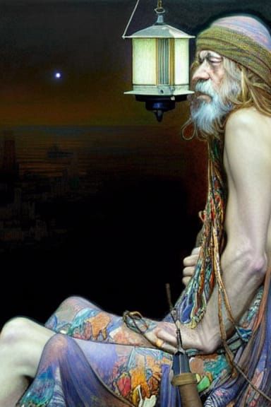 Hyper-Realistic Hermit Overlooking Town, Pointillism Art