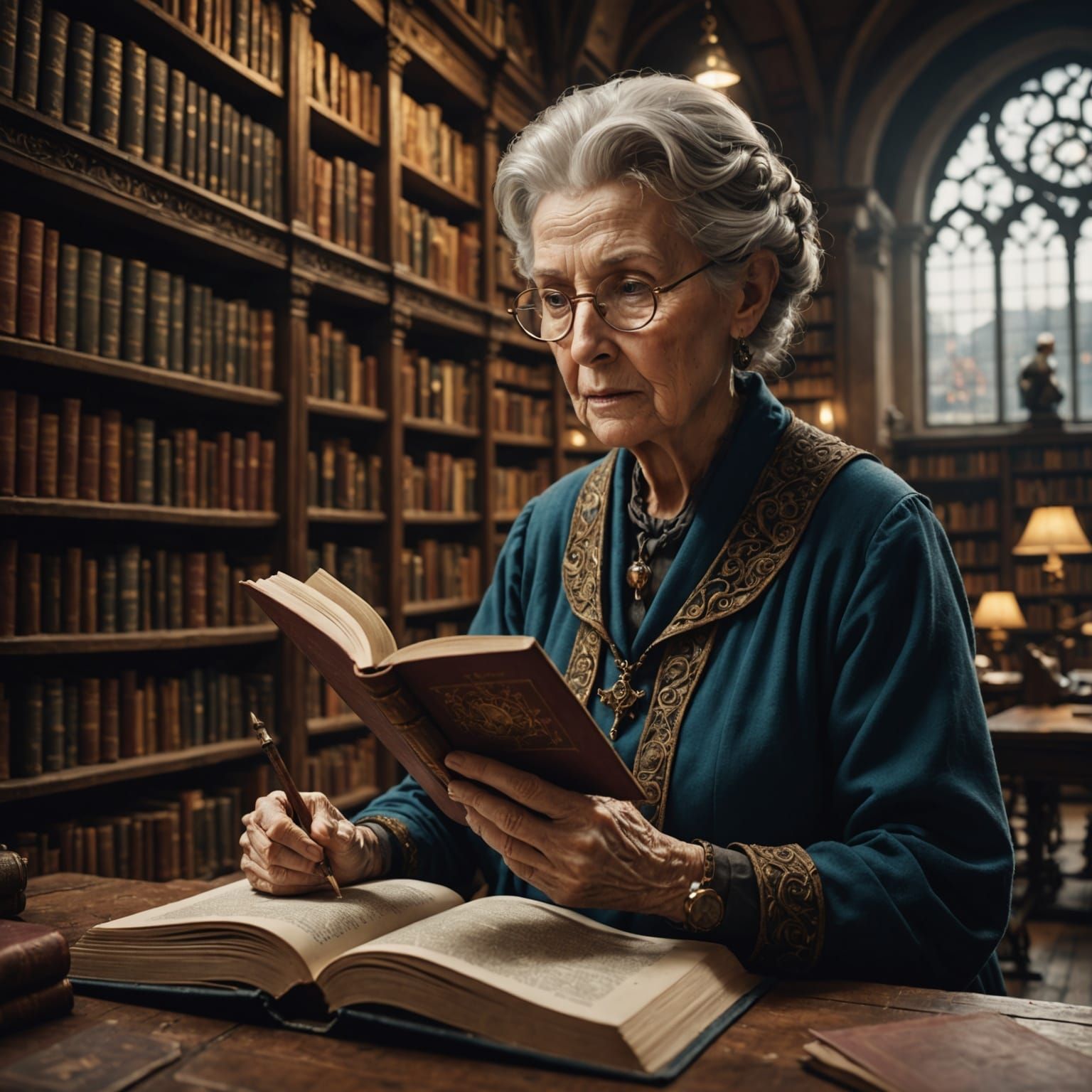 Old Woman Reads in Library: Fantasy Concept Art