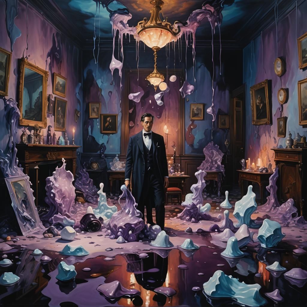 Surreal Melting Objects in Eerie Room as Oil Painting