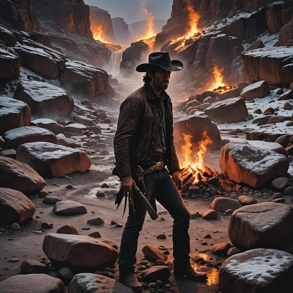 Ominous Cowboy in Snowy Desert Firelight