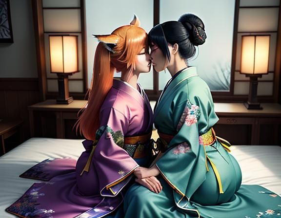 Kitsune Twins Kissing: Manga Style Digital Painting