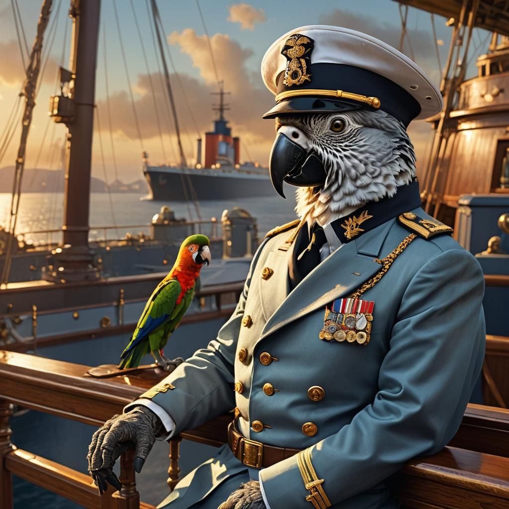 Parrot as Titanic Captain: Vivid Digital Art