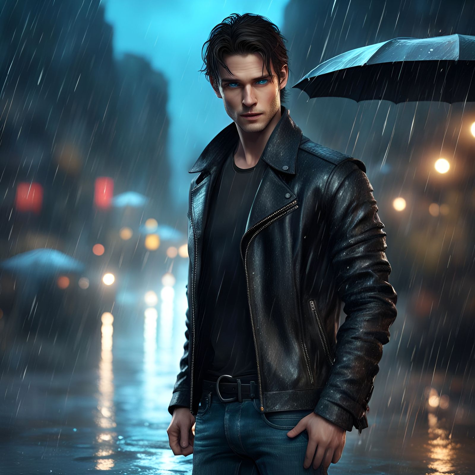 Handsome Young Man in the Rain, Detailed Matte Painting