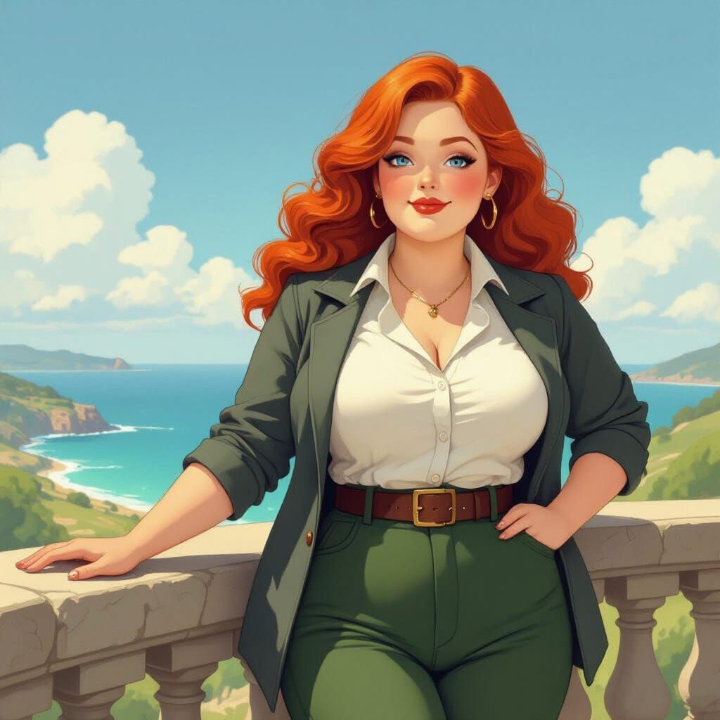 Fat Woman in 1920s Outfit by Coastal Landscape