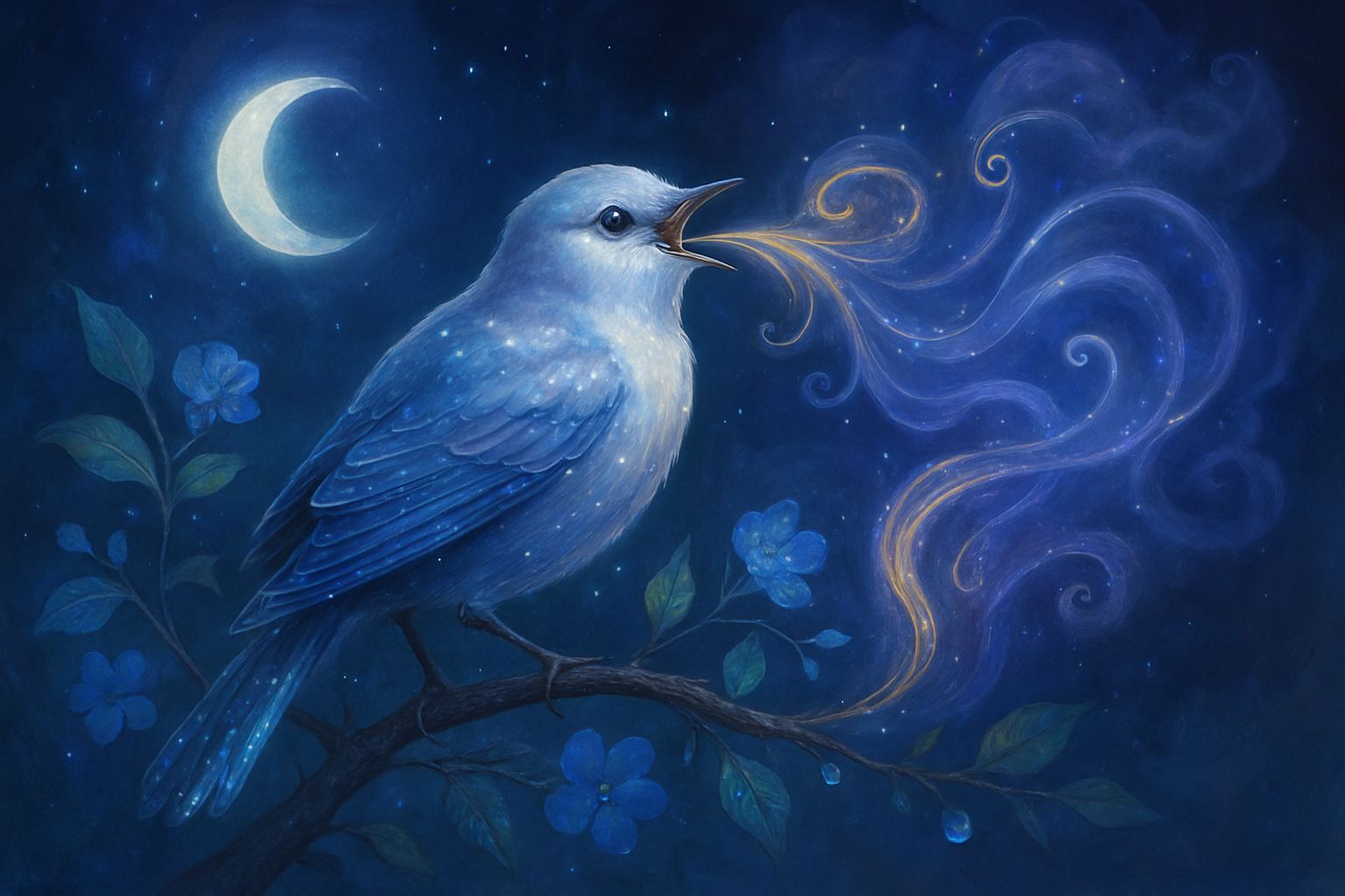 Moonlit Nightingale's Shimmering Song in a Surreal Setting