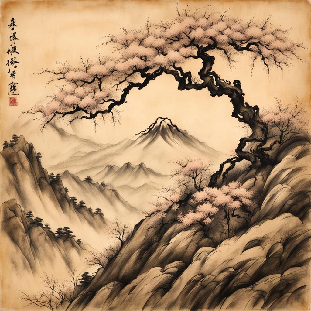 Cherry Tree Mountain: Japanese Ink Wash Painting