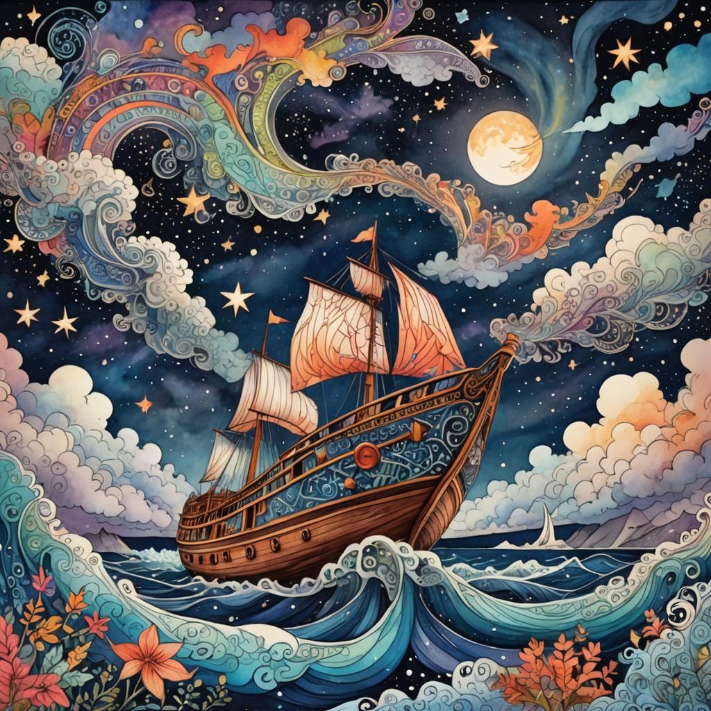 Glowing Boat Sails Through Starry Sky