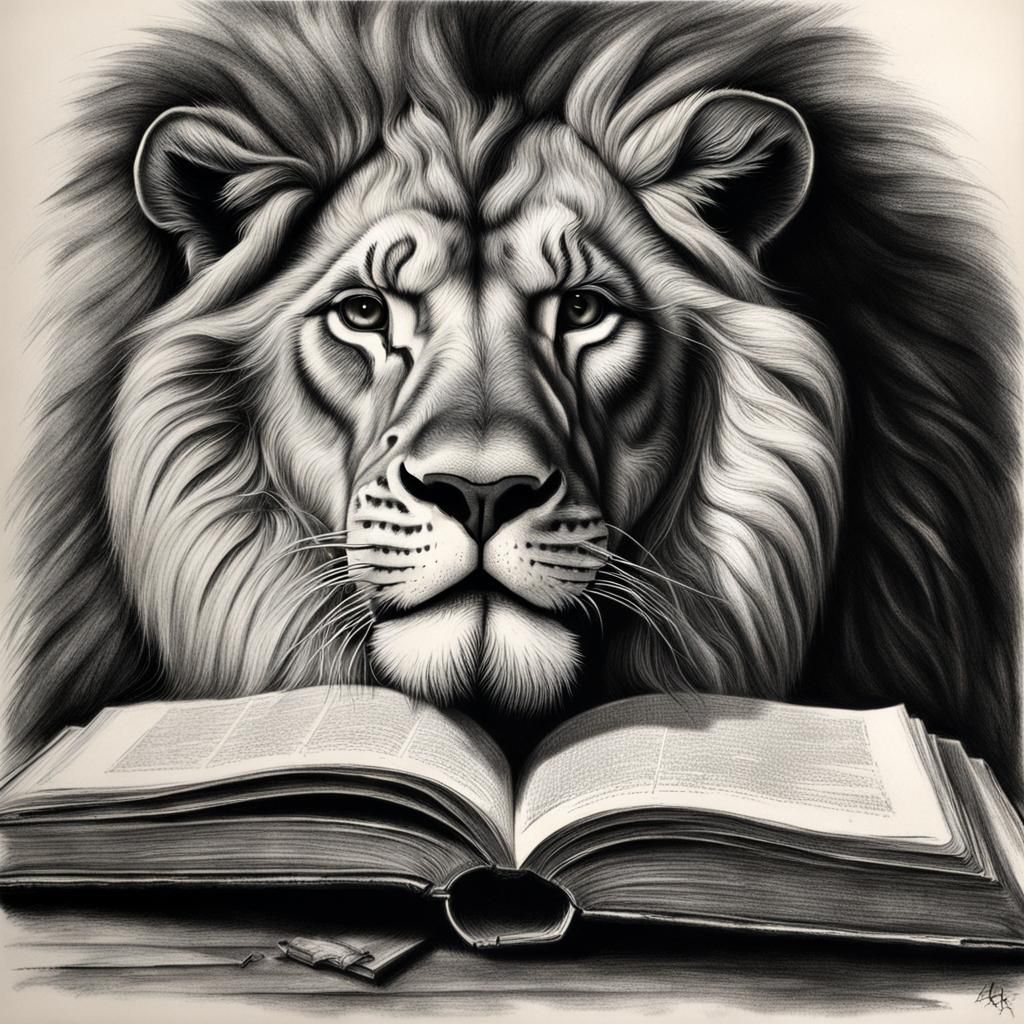 Hyperdetailed Charcoal Drawing: Lion and Open Book