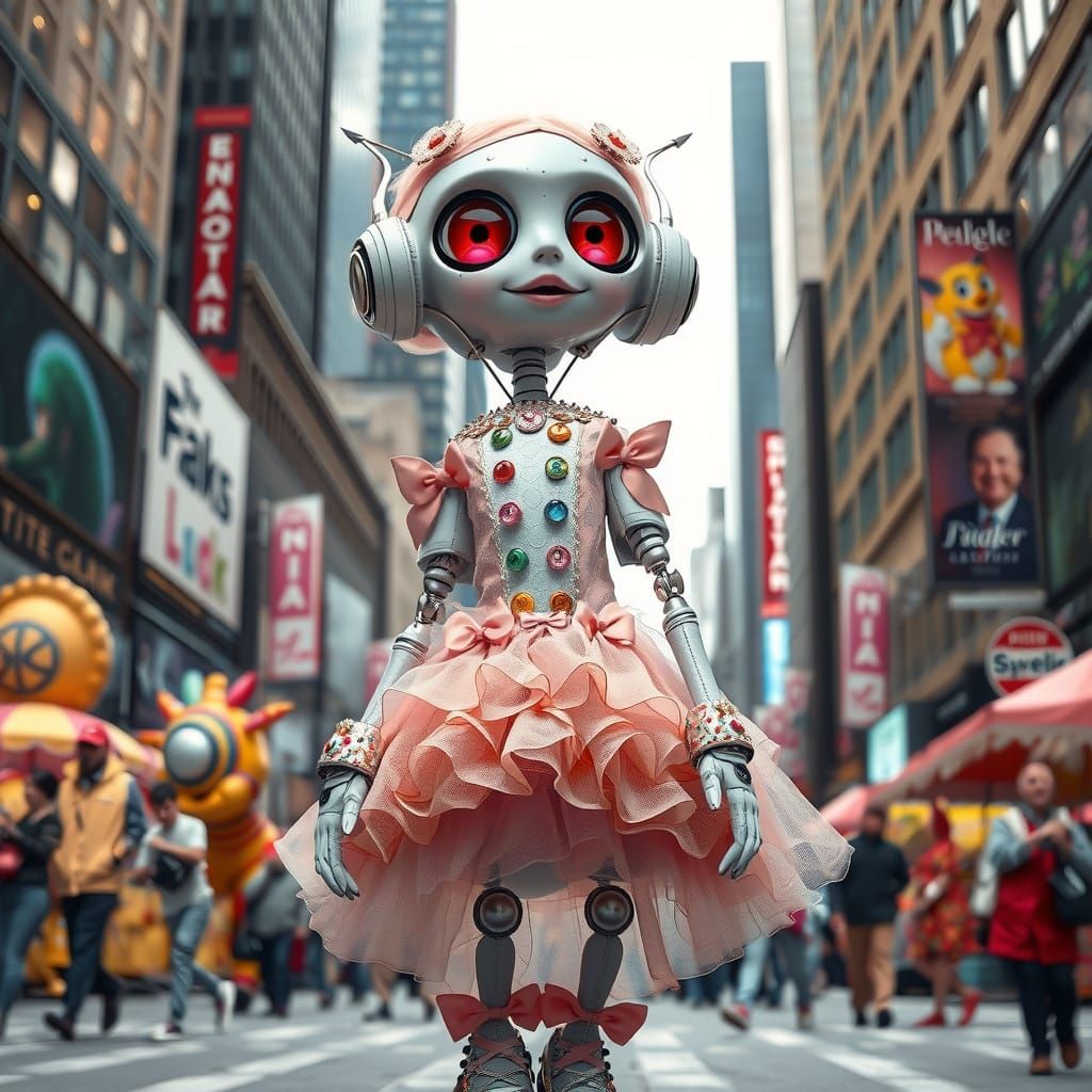 Robot in Whimsical City Street Attire