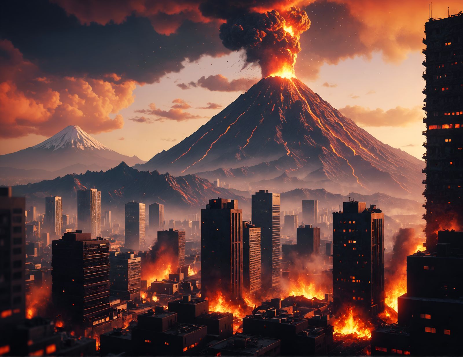 Volcano Erupts in 8-bit Cityscape
