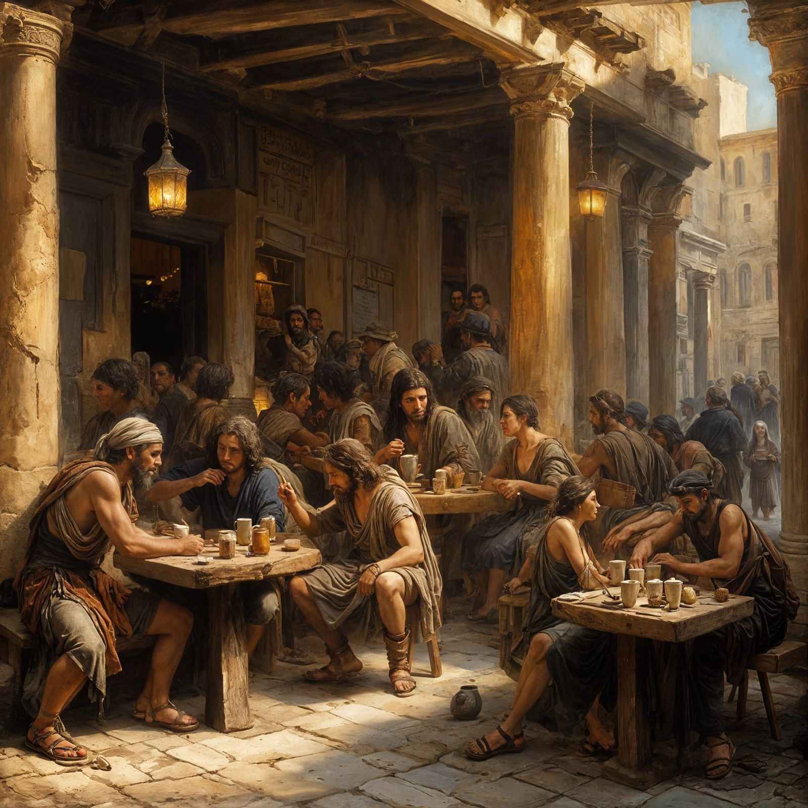 Ancient Greek Hippies Coffee Shop: Rembrandt-Style Oil Paint...