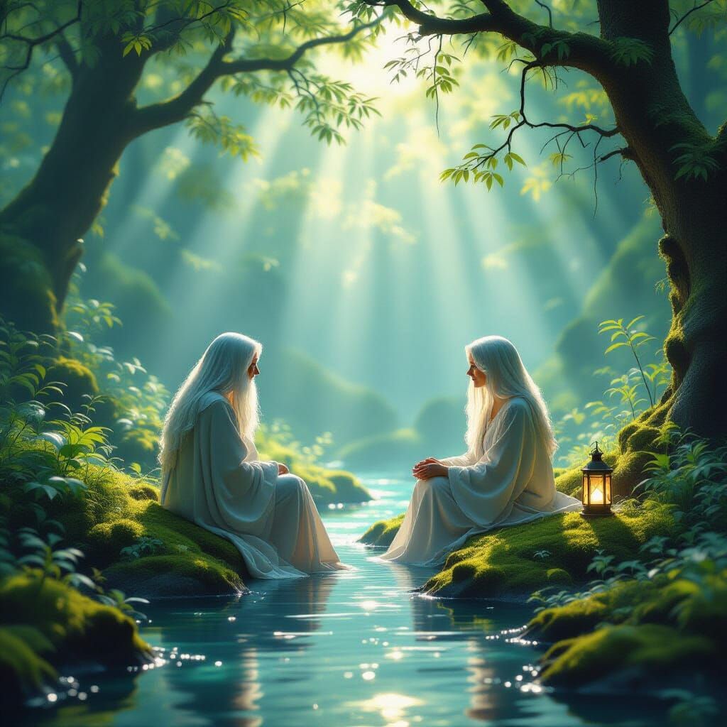 Elderly Woman in Ethereal Forest Sanctuary