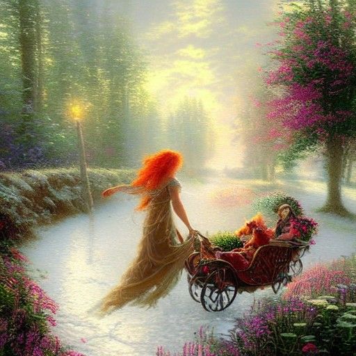 Ethereal Woman in Cat Chariot: Kinkade Style