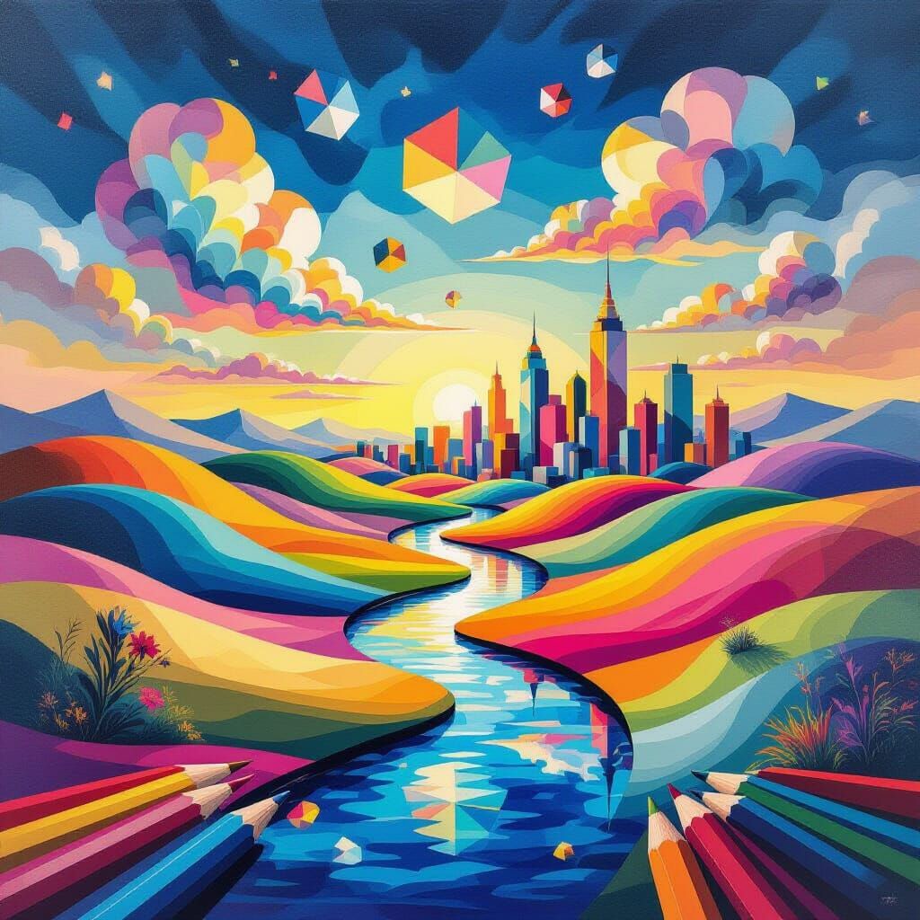 Surreal Pencil Landscape with Ink River and Geometric Clouds