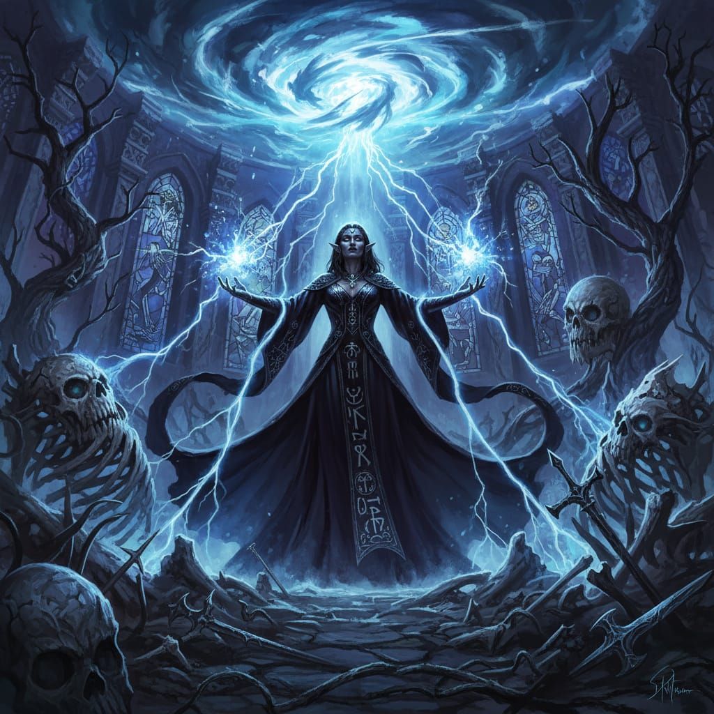 Dark Elf Sorceress Conjuring Celestial Storm