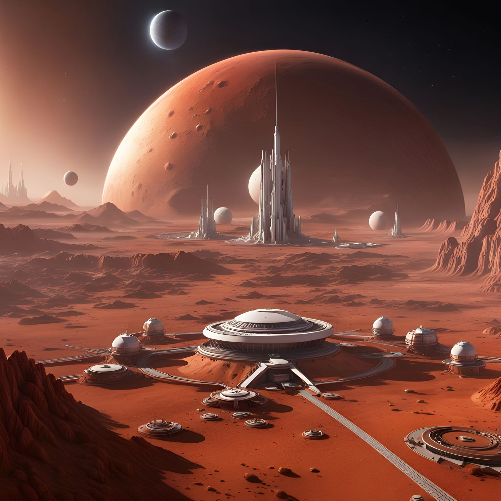 Space Colony Orbiting Mars in Detailed Matte Painting