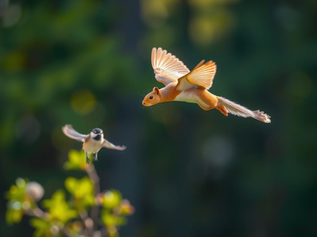 Flying Squirrel and Chickadee in Bokeh Forest
