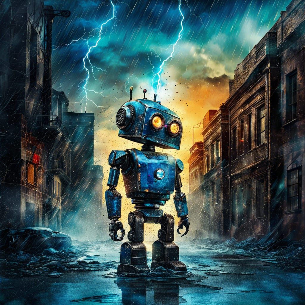 Robot in Stormy Cityscape: Surreal Mixed Media Art