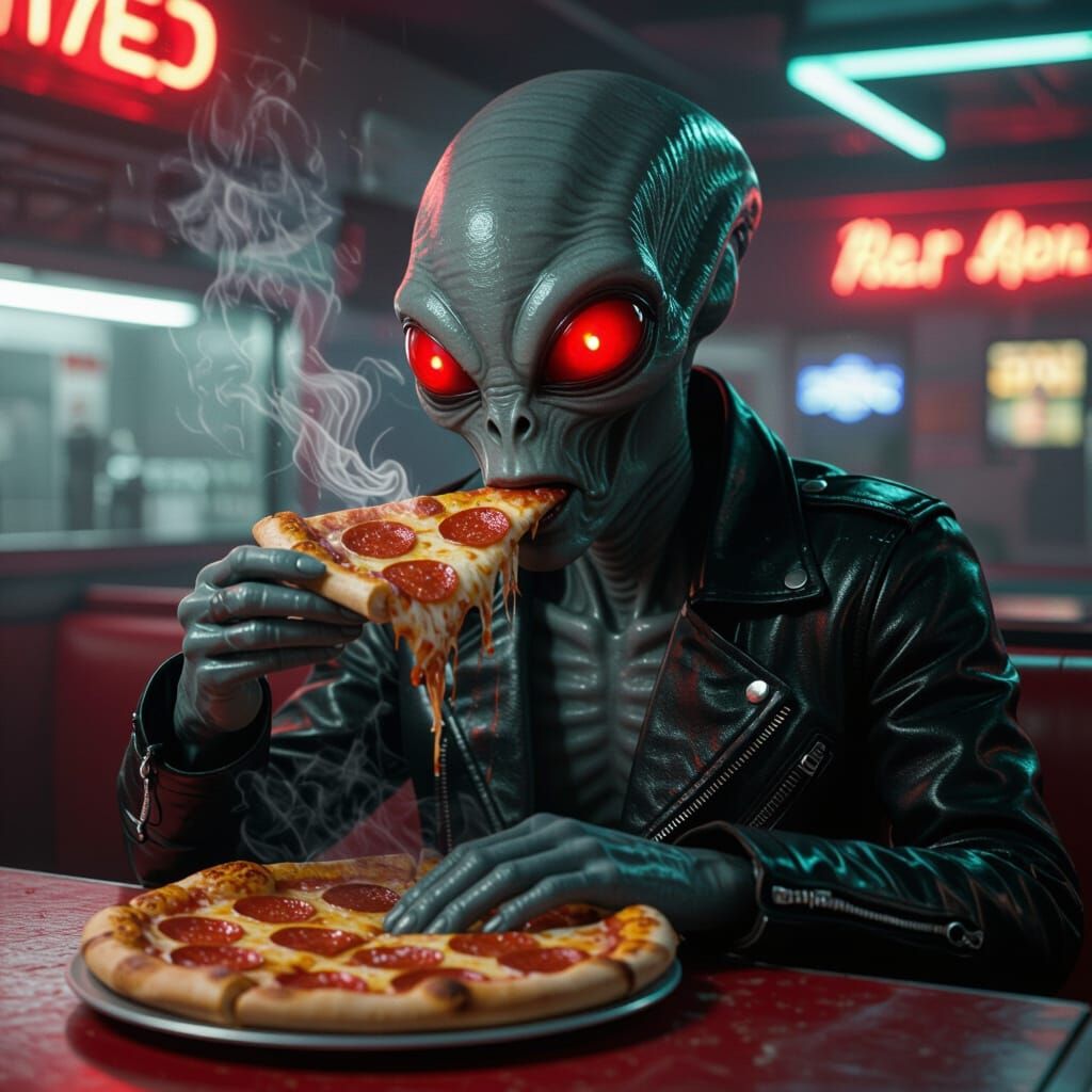 Alien Eats Pizza in Cyberpunk Diner