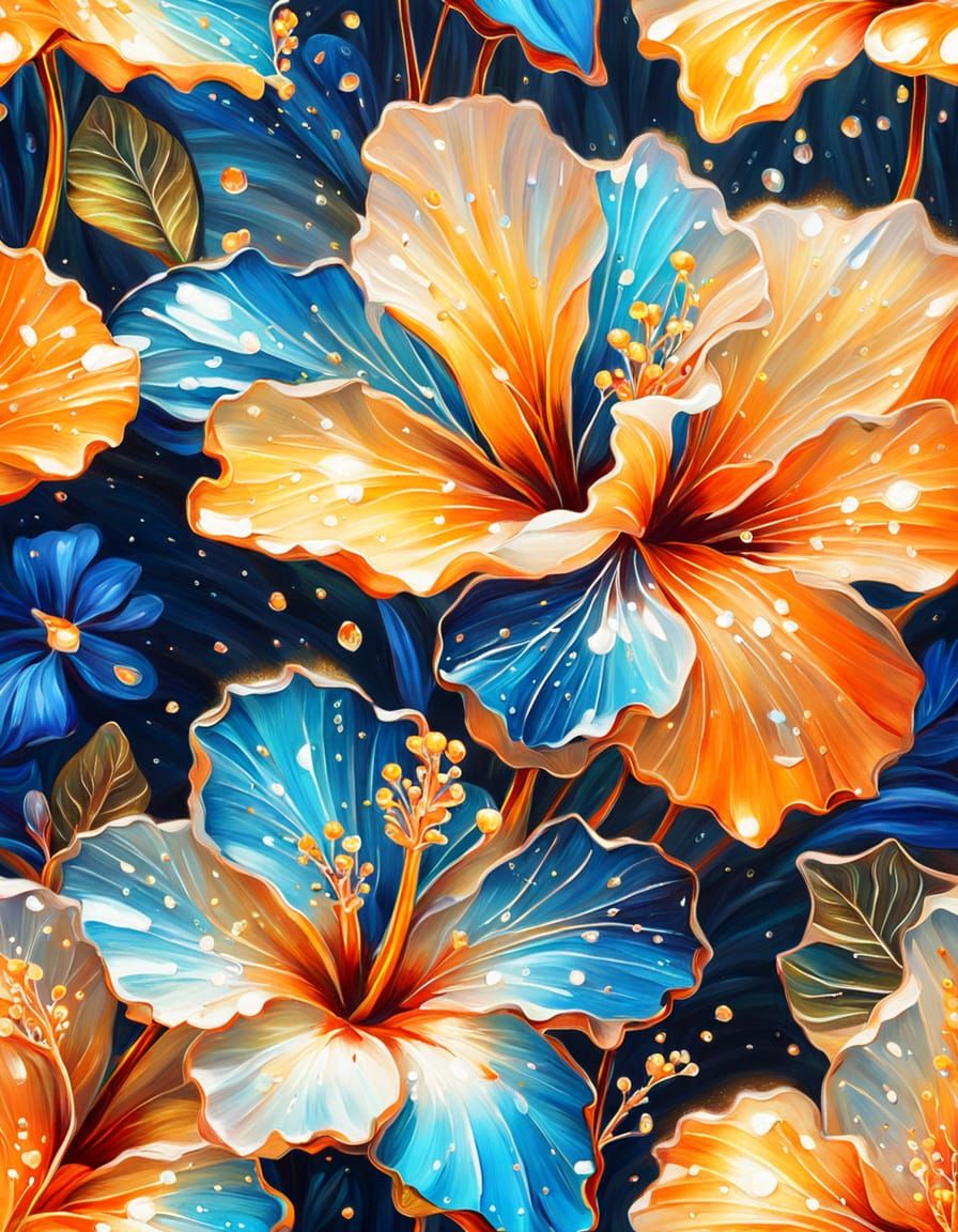 Crystal Hibiscus Blooms: A Vibrant Oil Painting