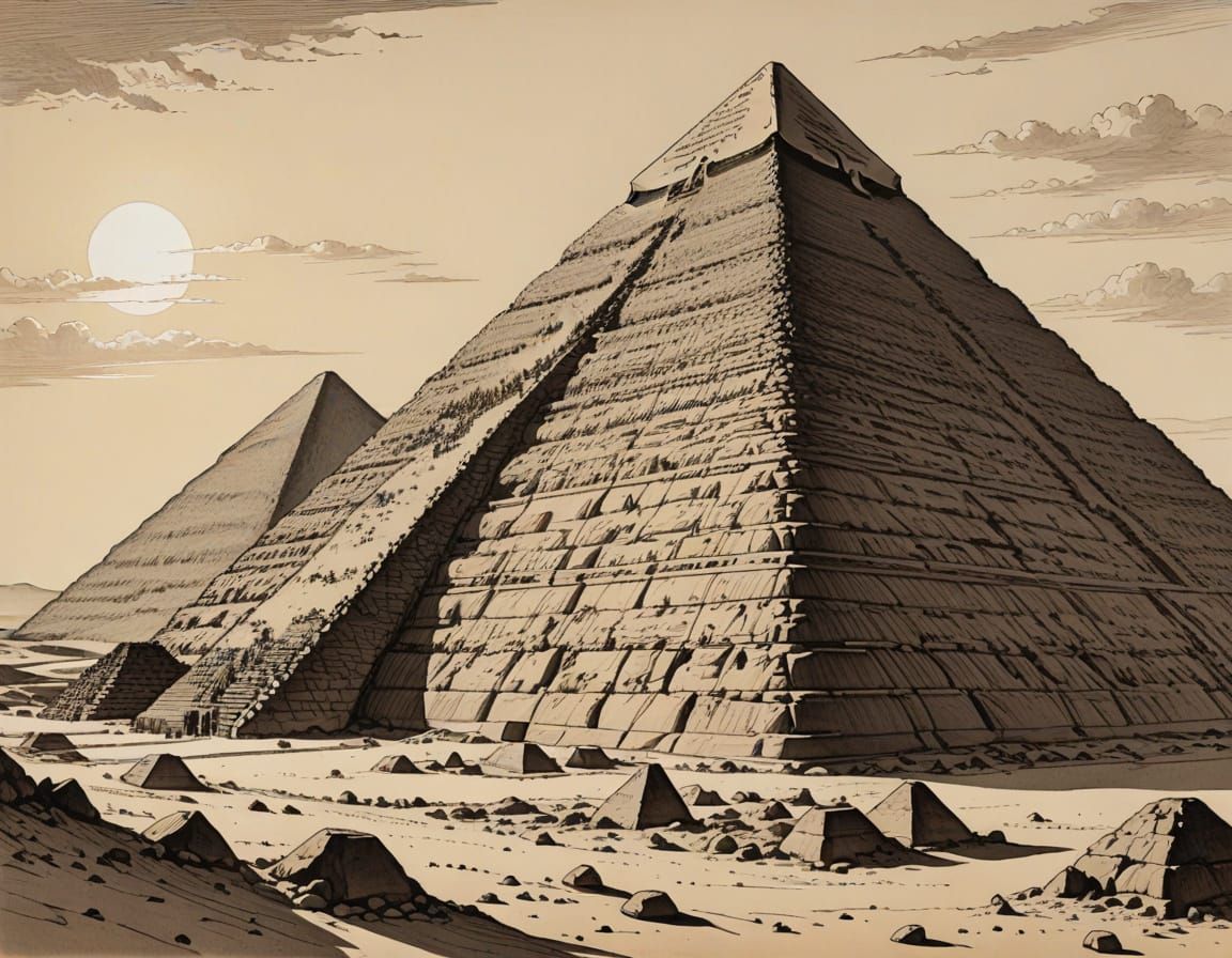 Great Pyramid of Giza: Ink Drawing in Golden Light