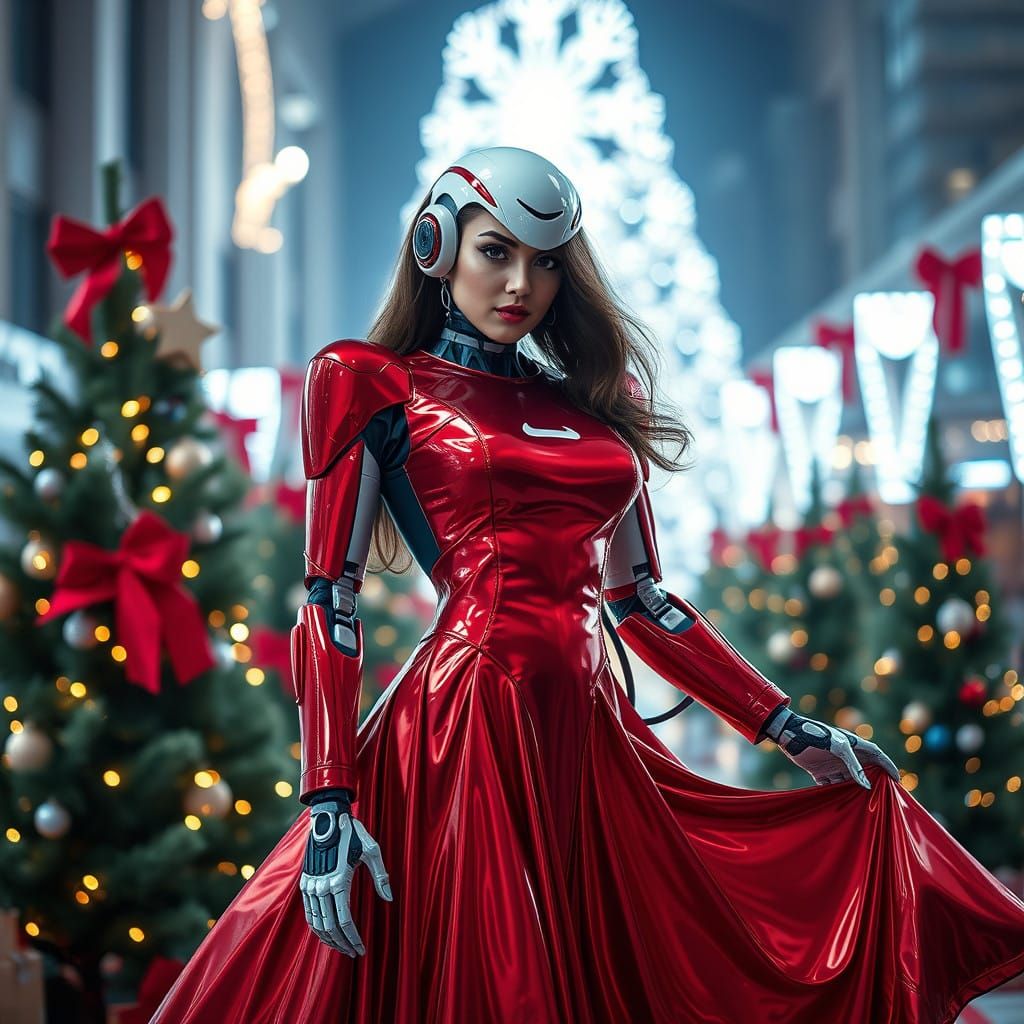 Hyperrealistic Robot in Elegant Red Holiday Attire