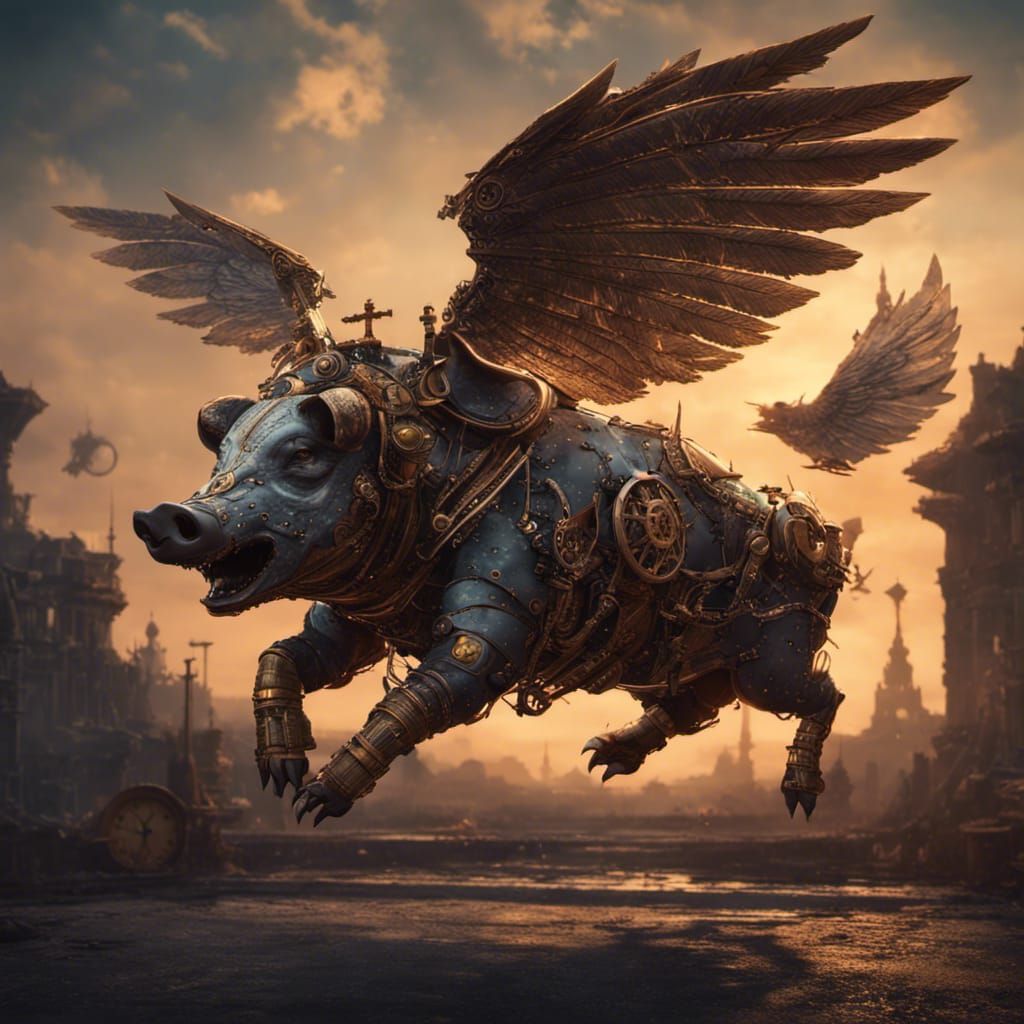 Steampunk Winged Boar Soaring at Dusk