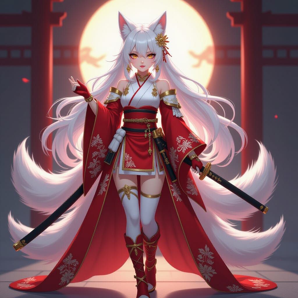 Anime Admiral with Kitsune Tails in Red Kimono