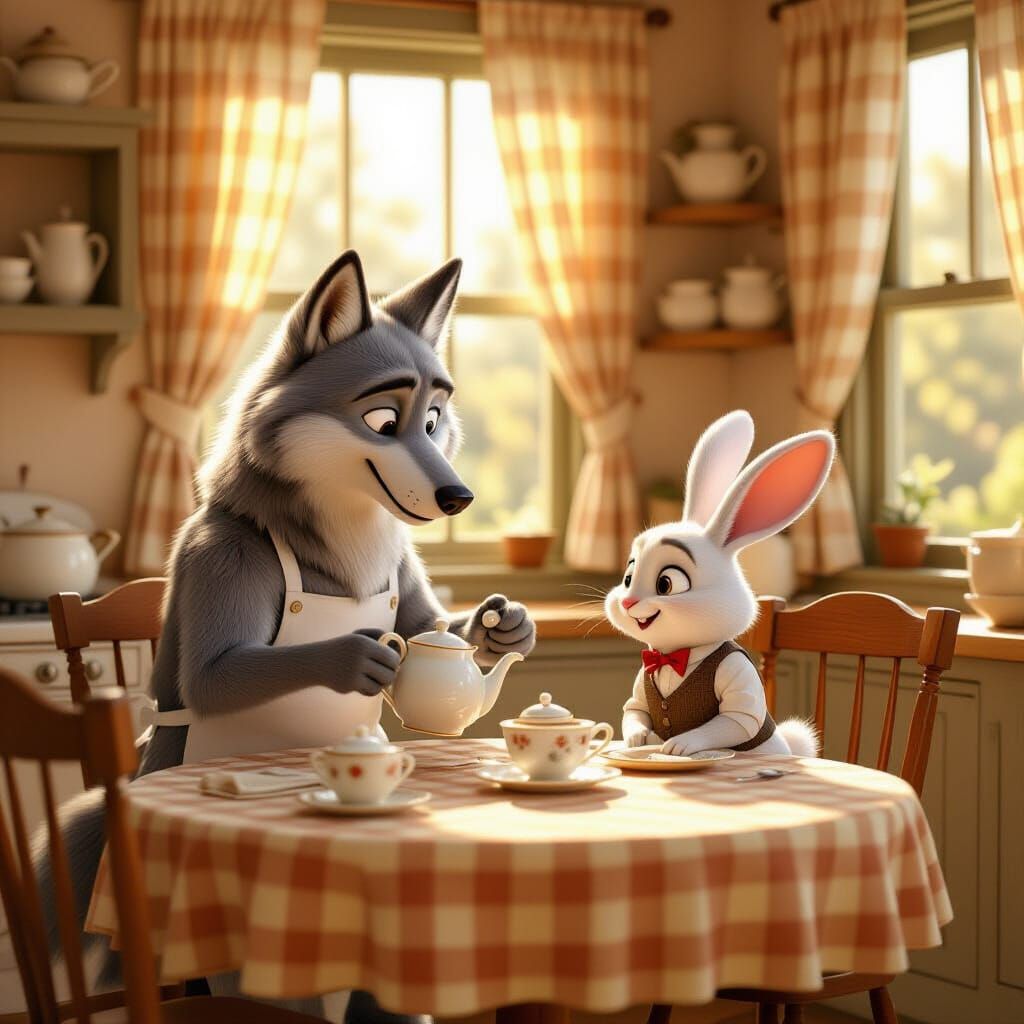 Wolf and Rabbit Share Tea in Cozy Kitchen