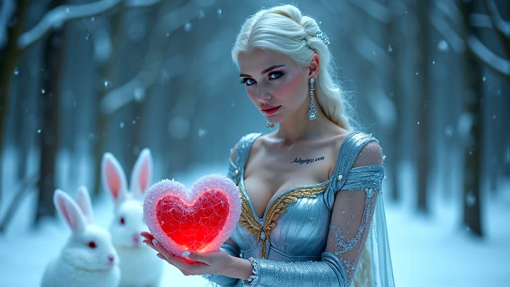 Fantasy Woman in Silver Gown in Snowy Forest