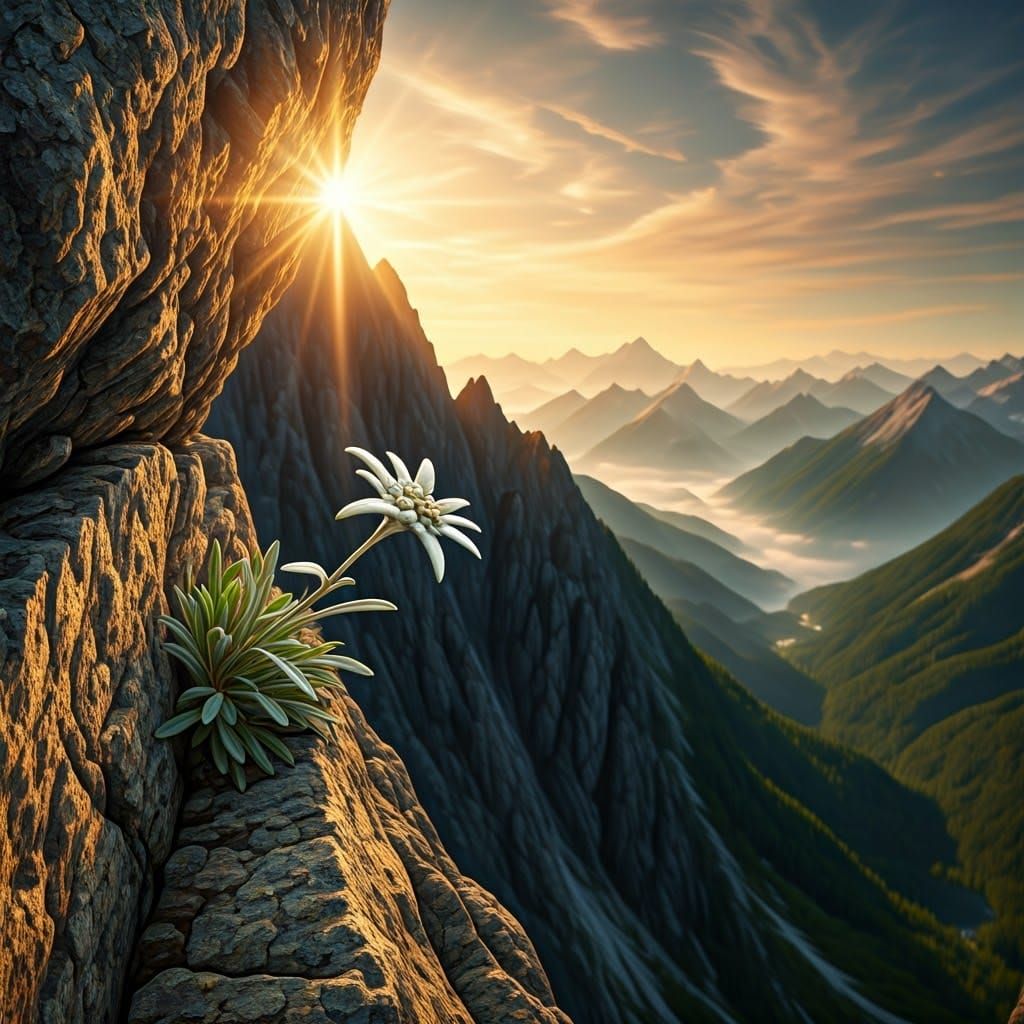 A Lone Edelweiss Blooms on a Rocky Cliff