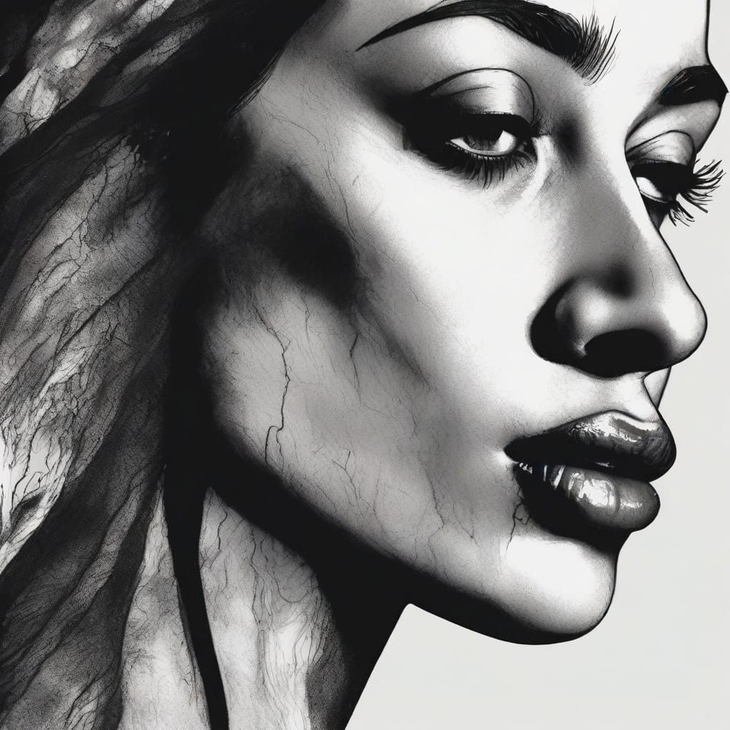 Monochrome Surreal Face in Ink Illustration Style